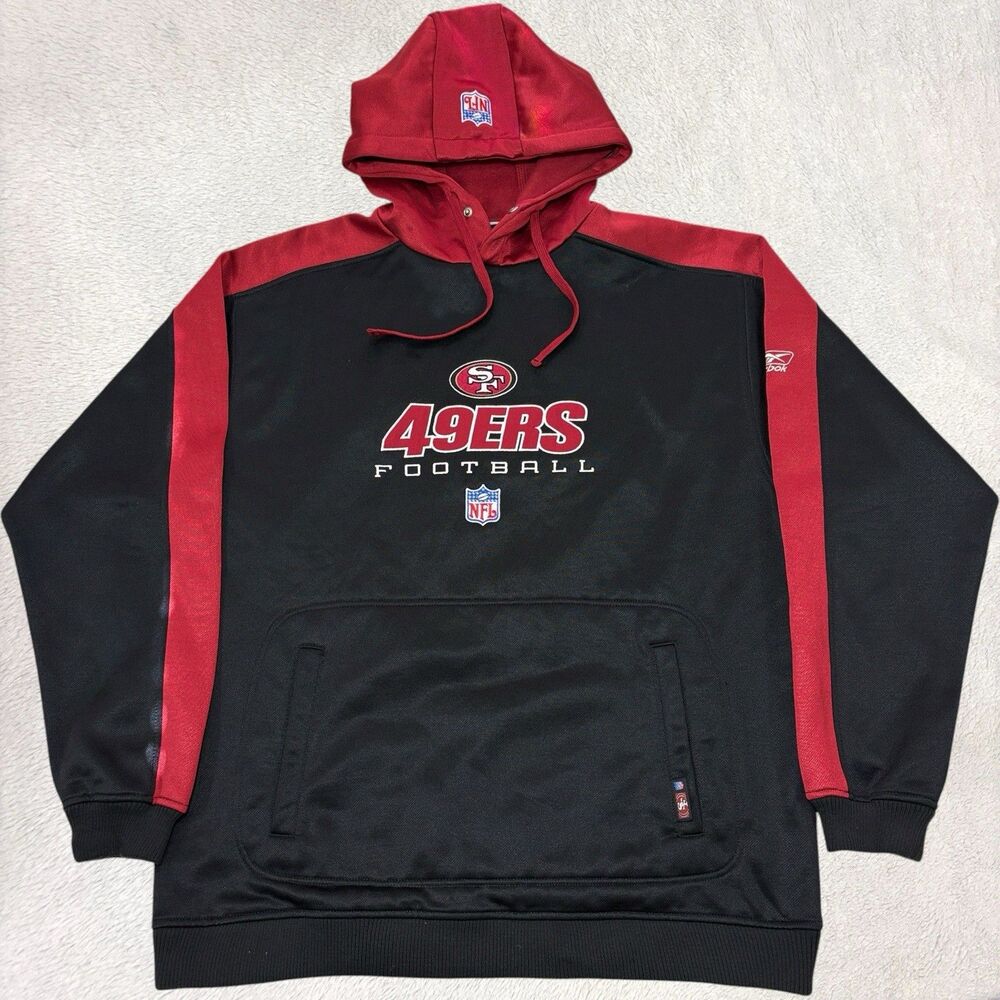 Vintage Reebok San Francisco 49ers Pullover Hoodie Mens L Black Red Embroidered